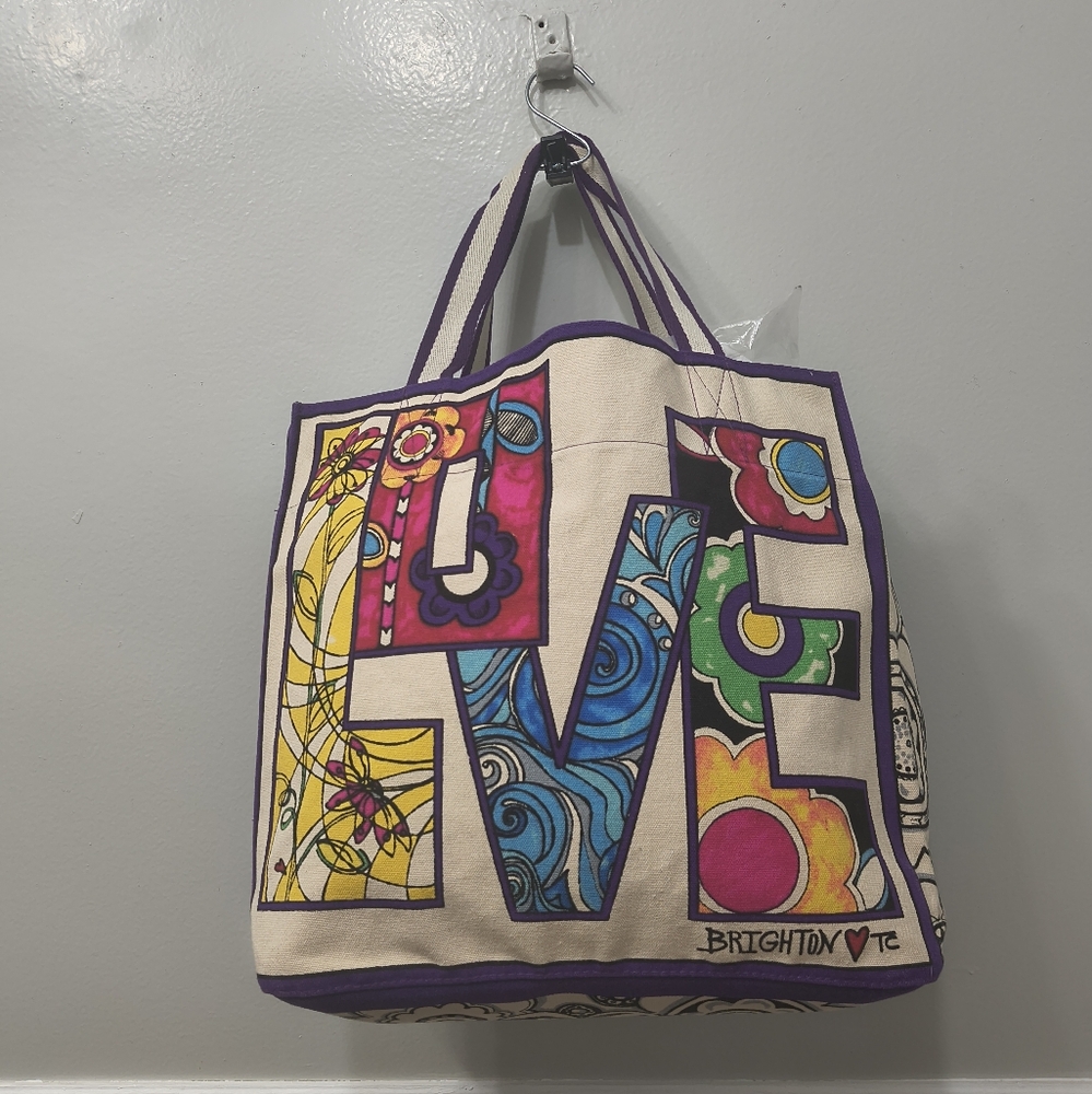 Brighton LOVE Groove ll Canvas Tote Bag Multicolor Love Heart Graphic Beach Pool